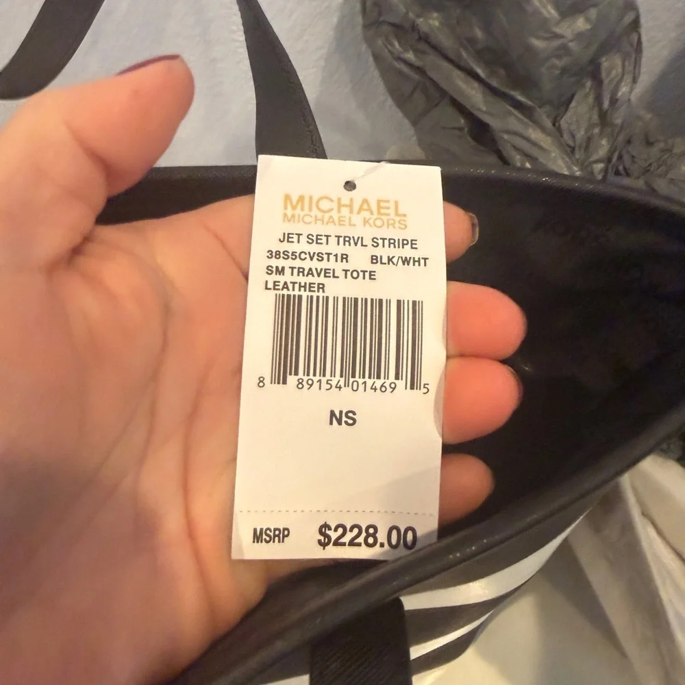 Michael Kors Black and White Striped Tote - Picture 4 of 8